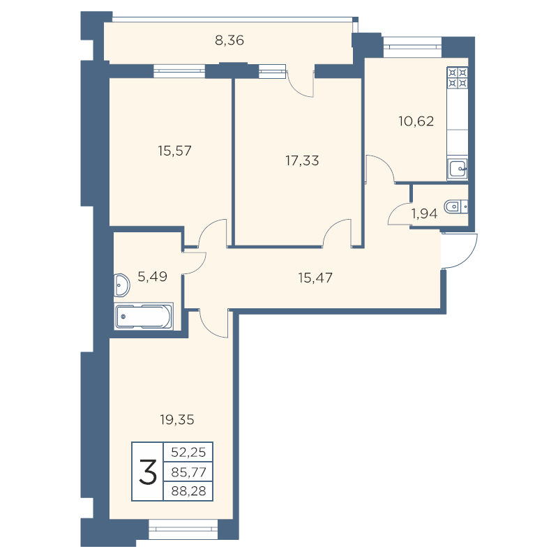 3-комнатная квартира, 88.28 м² - планировка, фото №1