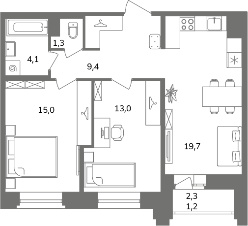 3-комнатная (Евро) квартира, 63.7 м² в ЖК "Антверпен" - планировка, фото №1