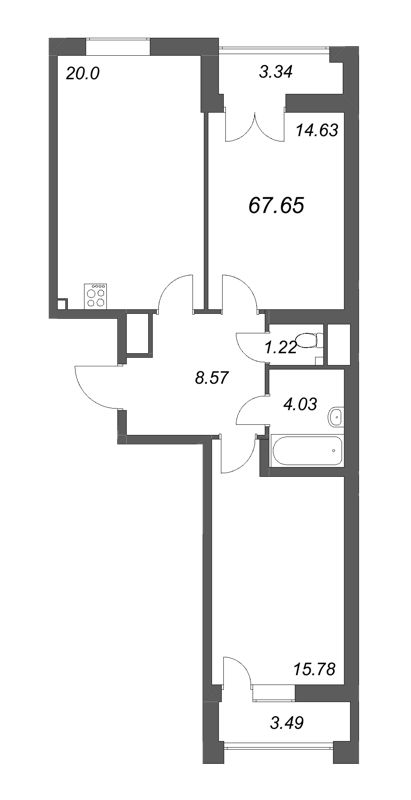 3-комнатная (Евро) квартира, 67.65 м² - планировка, фото №1