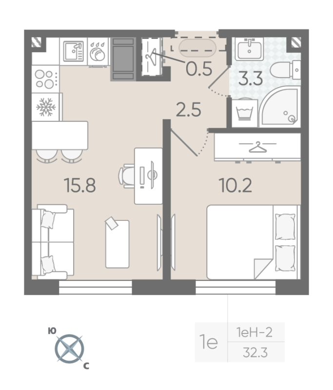 2-комнатная (Евро) квартира, 32.3 м² в ЖК "Пейзажный квартал" - планировка, фото №1
