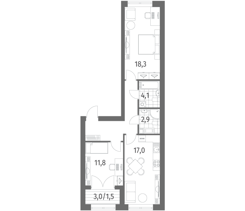 3-комнатная (Евро) квартира, 66.35 м² в ЖК "Наука" - планировка, фото №1