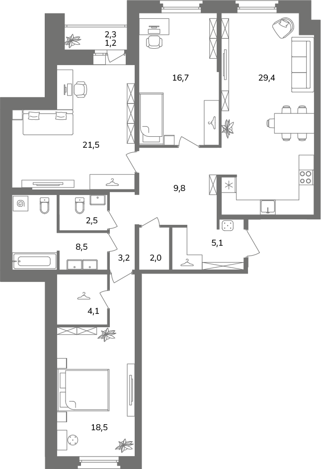 4-комнатная (Евро) квартира, 122.5 м² в ЖК "Антверпен" - планировка, фото №1