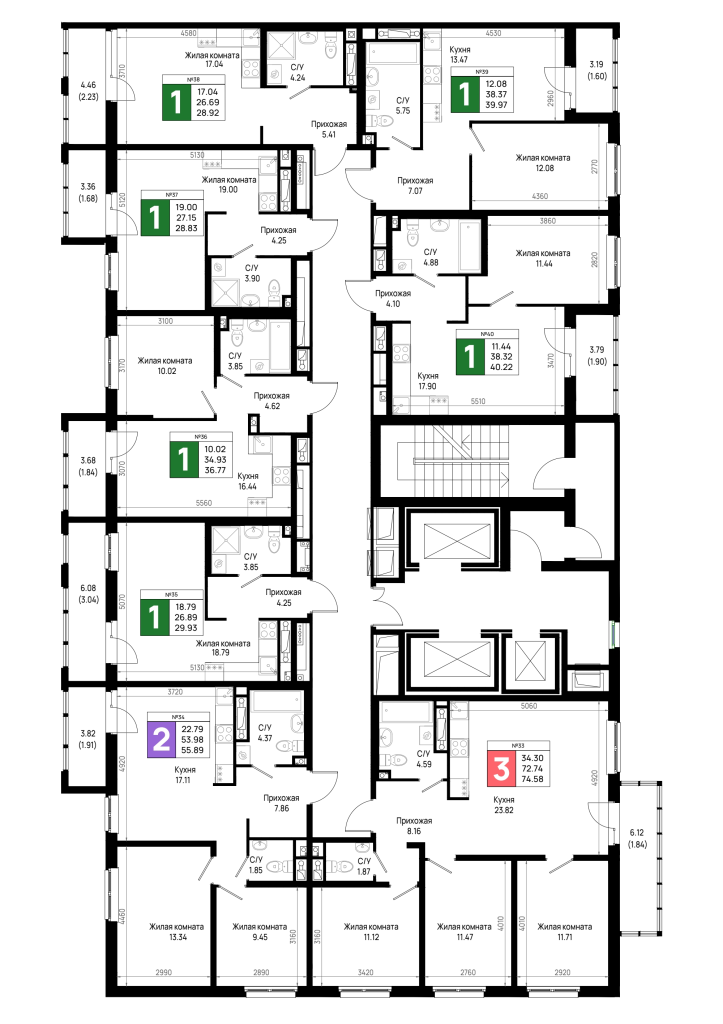 4-комнатная (Евро) квартира, 74.58 м² в ЖК "Имена" - планировка этажа