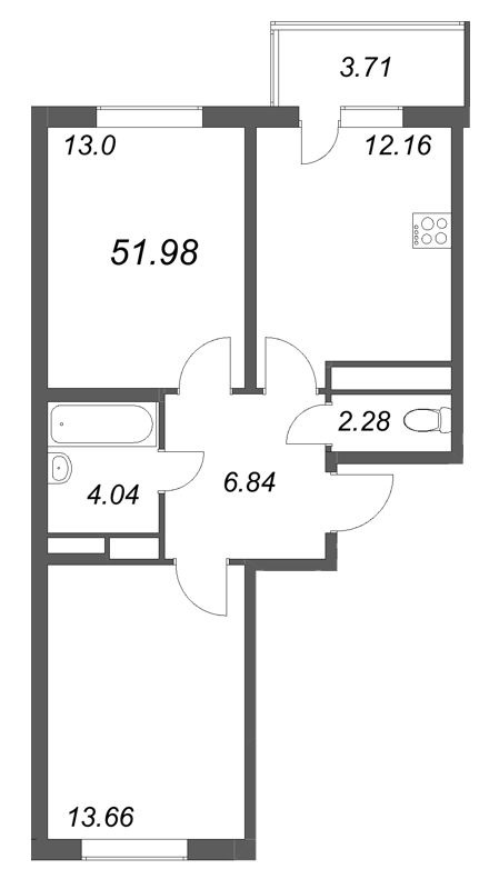 2-комнатная квартира, 51.98 м² в ЖК "ЮгТаун" - планировка, фото №1
