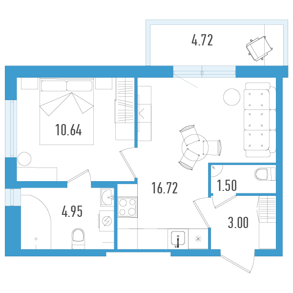 2-комнатная (Евро) квартира, 38.22 м² - планировка, фото №1