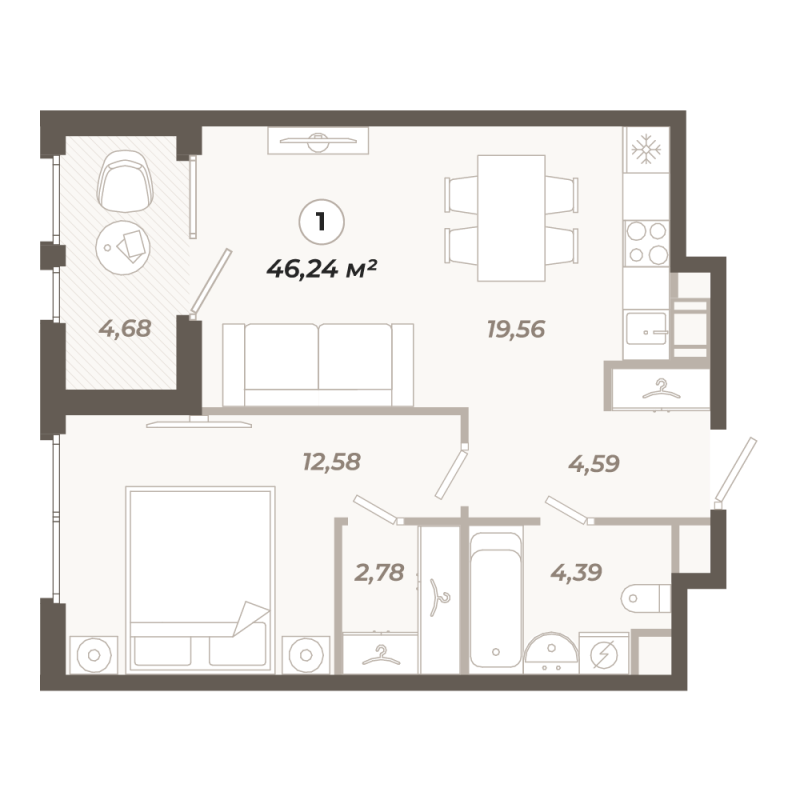 2-комнатная (Евро) квартира, 46.24 м² в ЖК "Знатный" - планировка, фото №1
