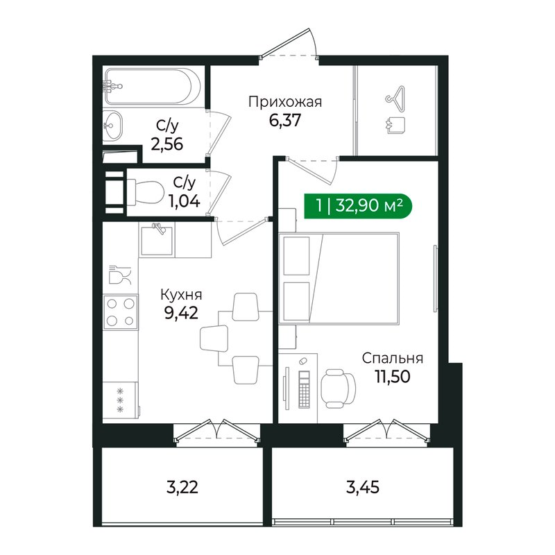 1-комнатная квартира, 30.8 м² в ЖК "Сертолово Парк" - планировка, фото №1
