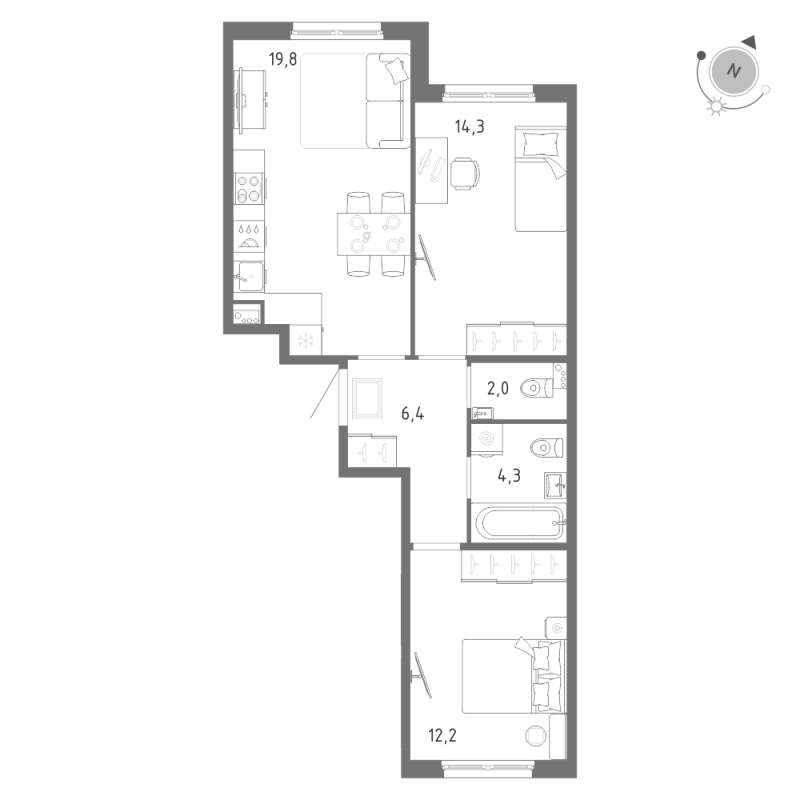 3-комнатная (Евро) квартира, 59 м² в ЖК "Клюква.Парк" - планировка, фото №1