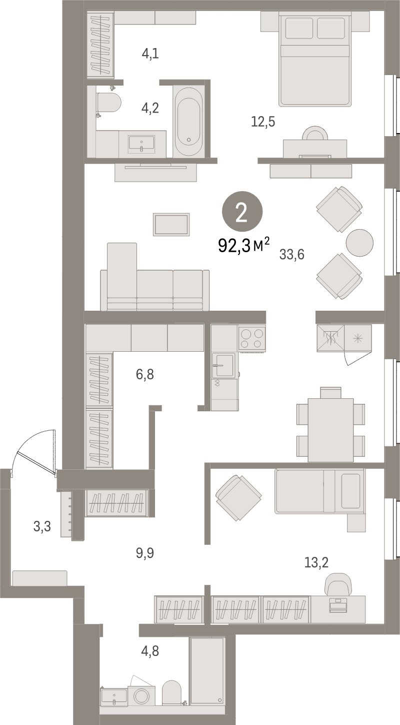 3-комнатная (Евро) квартира, 92.3 м² в ЖК "Северный ветер" - планировка, фото №1