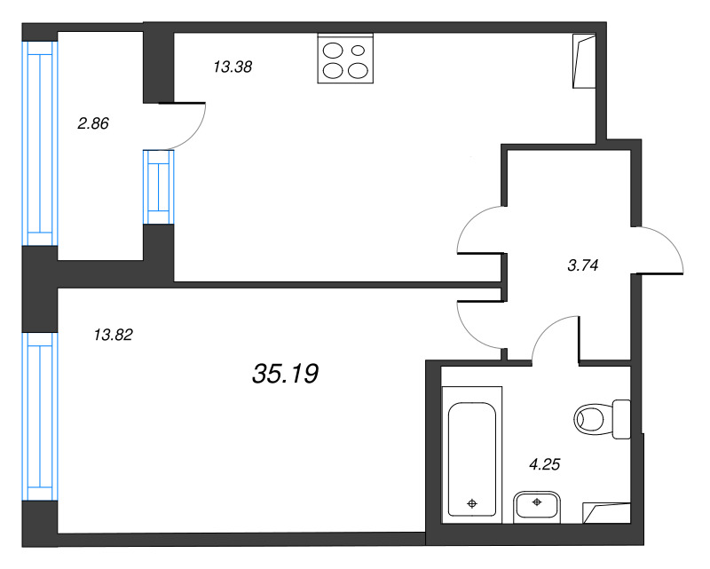 1-комнатная квартира, 35.19 м² - планировка, фото №1