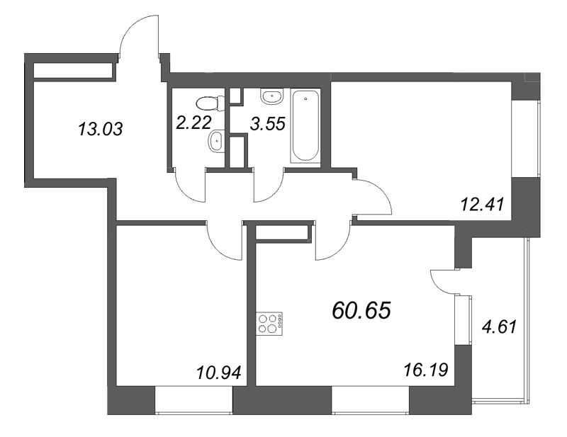 3-комнатная (Евро) квартира, 60.65 м² в ЖК "Аквилон Солар" - планировка, фото №1