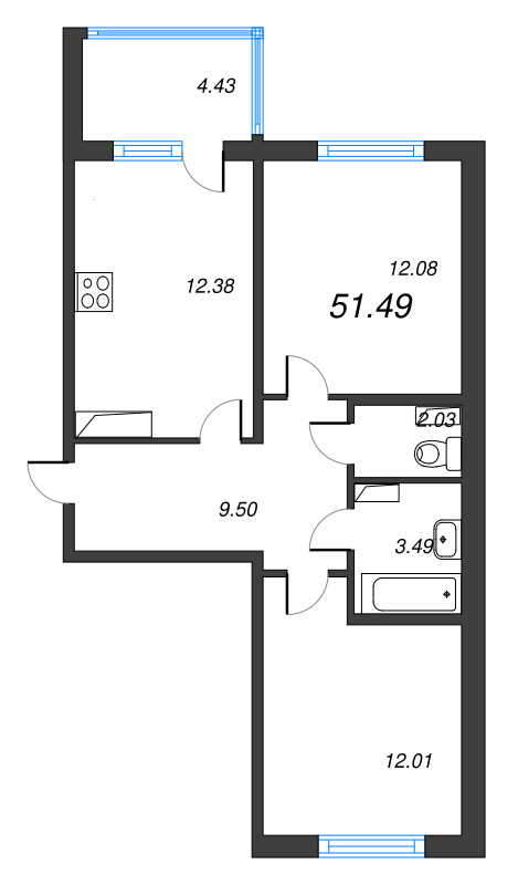 2-комнатная квартира, 51.49 м² - планировка, фото №1
