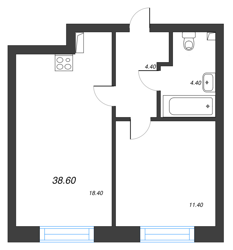2-комнатная (Евро) квартира, 38.6 м² - планировка, фото №1