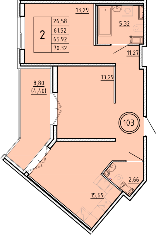 3-комнатная (Евро) квартира, 61.52 м² - планировка, фото №1
