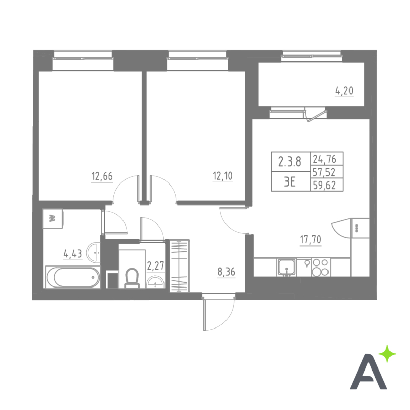 3-комнатная (Евро) квартира, 59.62 м² в ЖК "Аквилон Solar" - планировка, фото №1