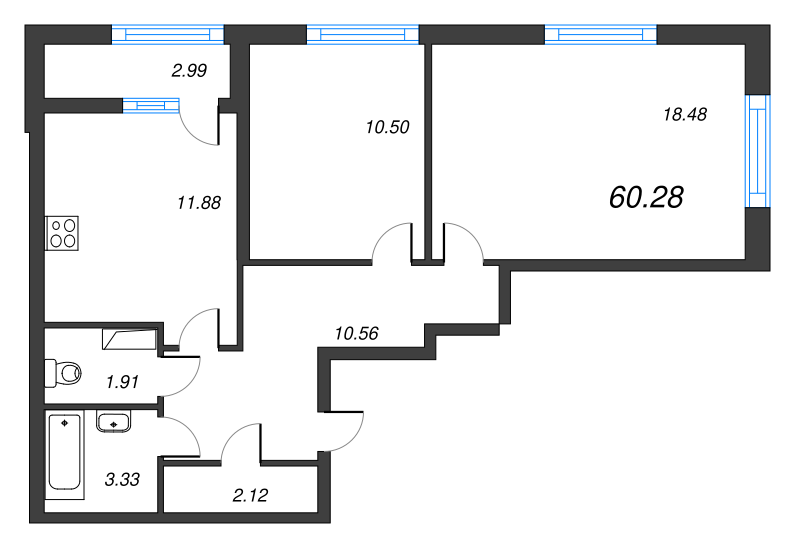 2-комнатная квартира, 60.28 м² в ЖК "БелАрт" - планировка, фото №1