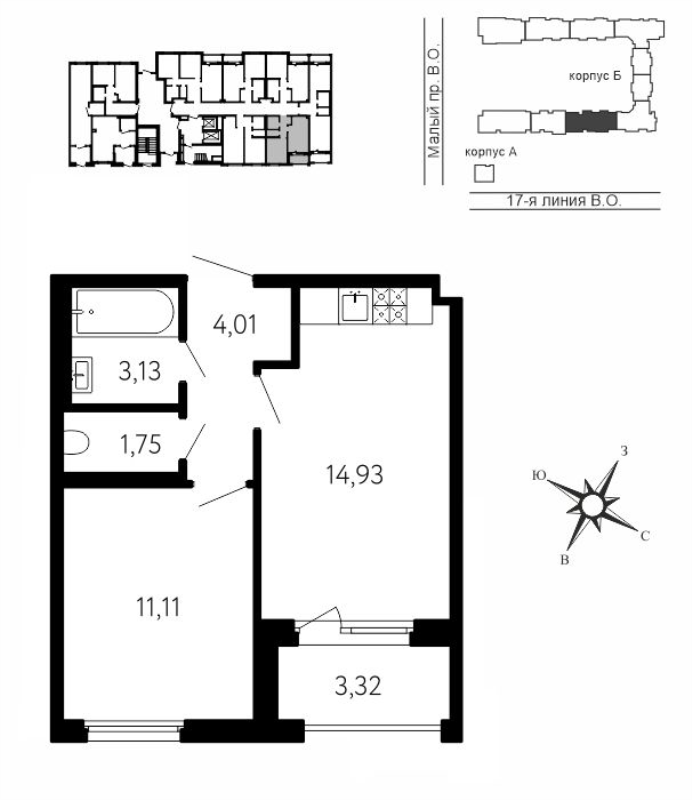 1-комнатная квартира, 36.59 м² в ЖК "17-я линия" - планировка, фото №1