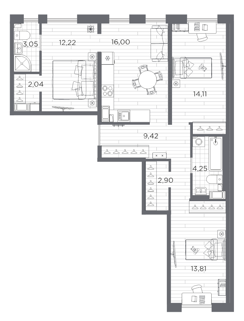4-комнатная (Евро) квартира, 77.8 м² в ЖК "Сезоны" - планировка, фото №1