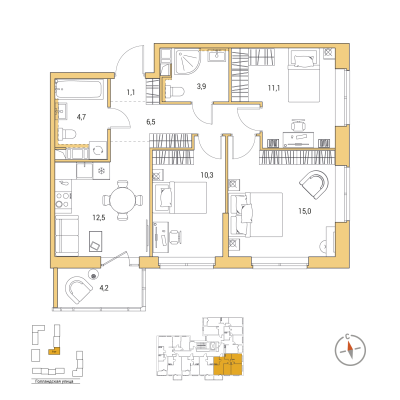 3-комнатная квартира, 66.4 м² в ЖК "Янила Форест" - планировка, фото №1