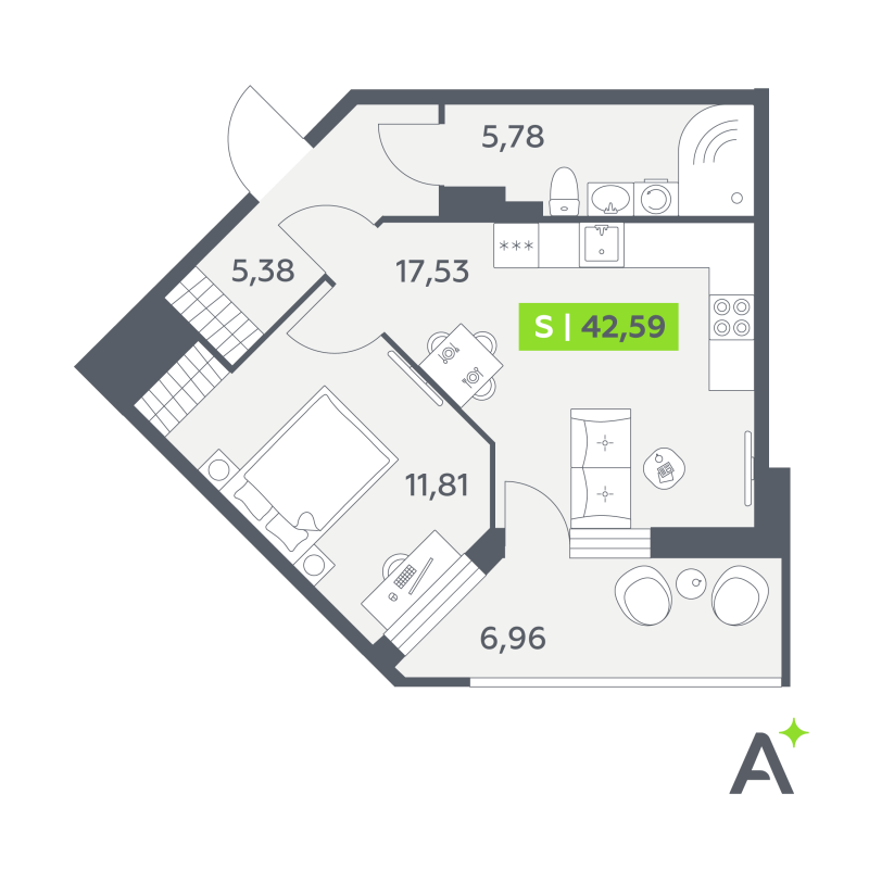 2-комнатная (Евро) квартира, 42.59 м² в ЖК "Аквилон РекаПарк" - планировка, фото №1