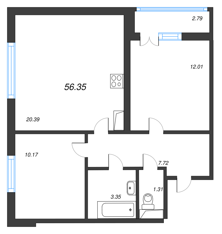 3-комнатная (Евро) квартира, 56.35 м² - планировка, фото №1