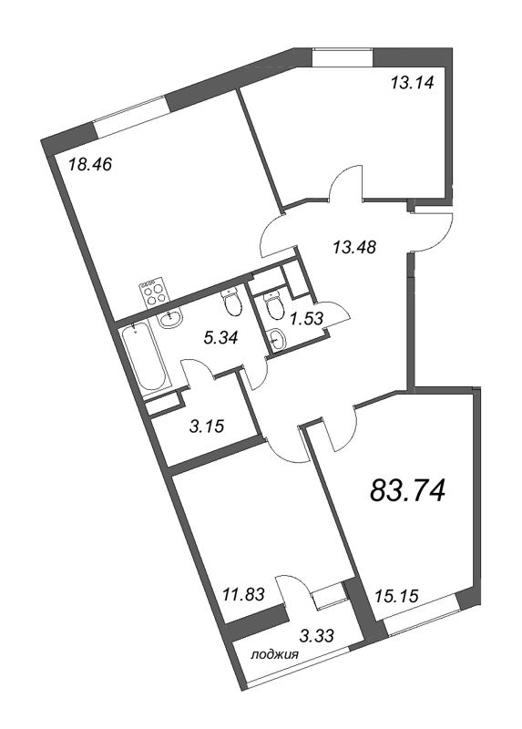 3-комнатная квартира, 83.74 м² в ЖК "Modum" - планировка, фото №1