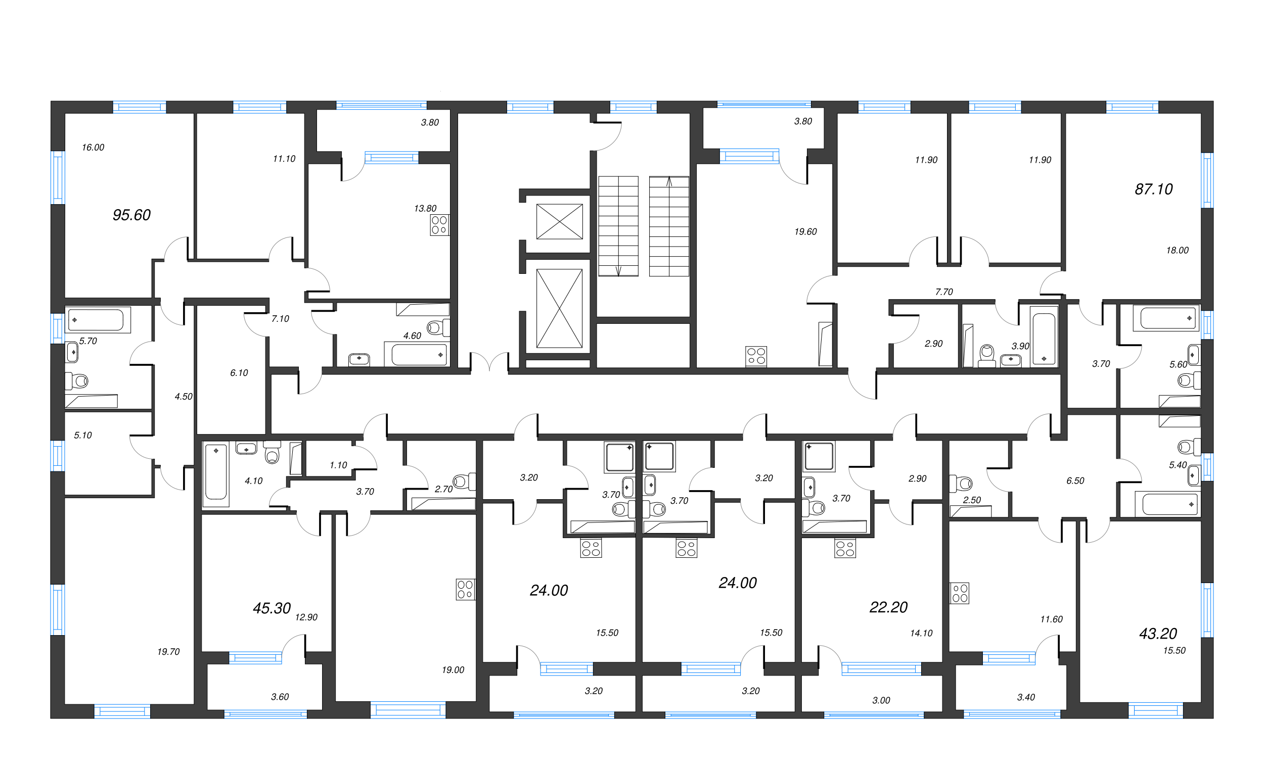 4-комнатная (Евро) квартира, 87.1 м² - планировка этажа