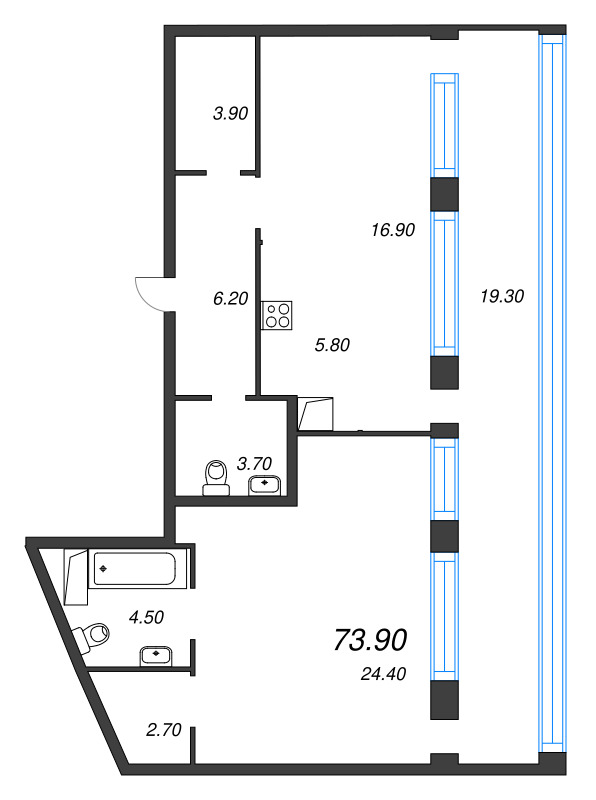 2-комнатная (Евро) квартира, 73.9 м² в ЖК "ЛДМ" - планировка, фото №1