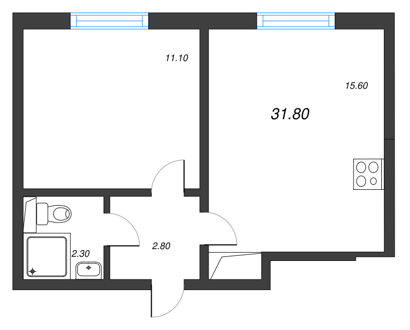 2-комнатная (Евро) квартира, 31.8 м² в ЖК "ЛСР. Ржевский парк" - планировка, фото №1