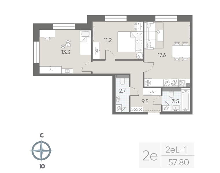 3-комнатная (Евро) квартира, 57.8 м² в ЖК "Большая Охта" - планировка, фото №1