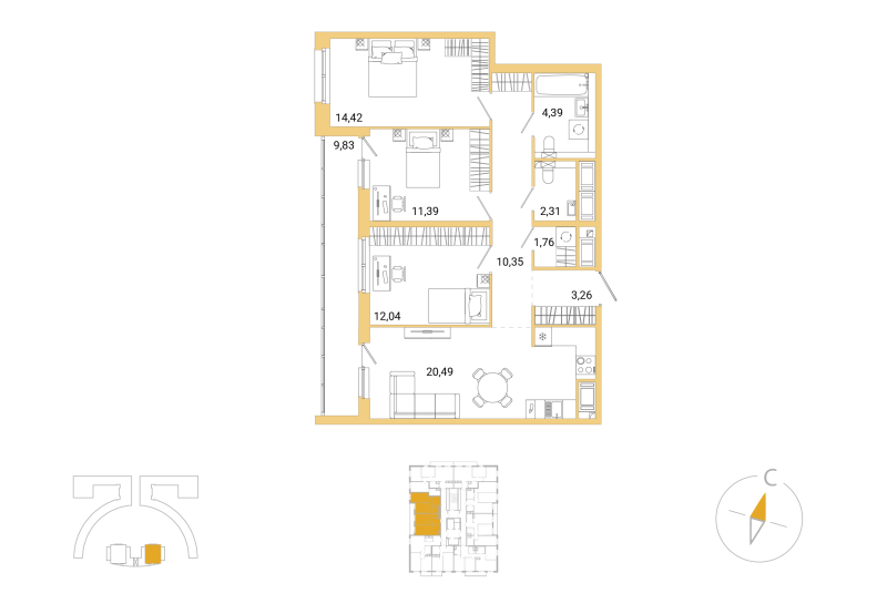 4-комнатная (Евро) квартира, 85.33 м² в ЖК "Окла Вижн" - планировка, фото №1