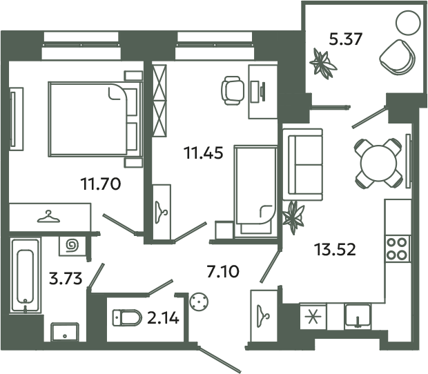 2-комнатная квартира, 51.25 м² в ЖК "Загляденье" - планировка, фото №1