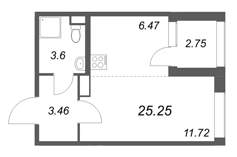 Квартира-студия, 25.25 м² в ЖК "Дубровский" - планировка, фото №1