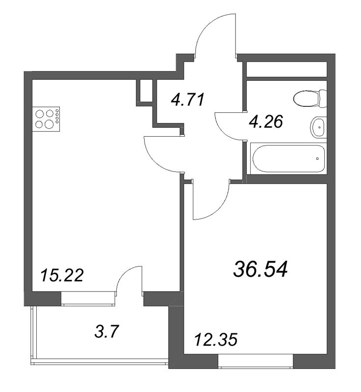 2-комнатная (Евро) квартира, 36.54 м² в ЖК "ЮгТаун" - планировка, фото №1
