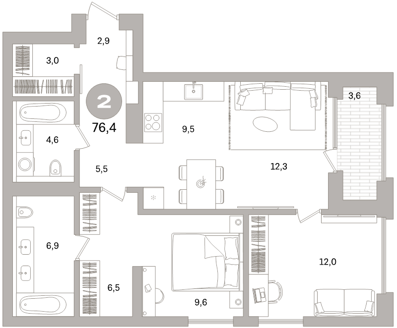 3-комнатная (Евро) квартира, 76.4 м² в ЖК "Северный ветер" - планировка, фото №1