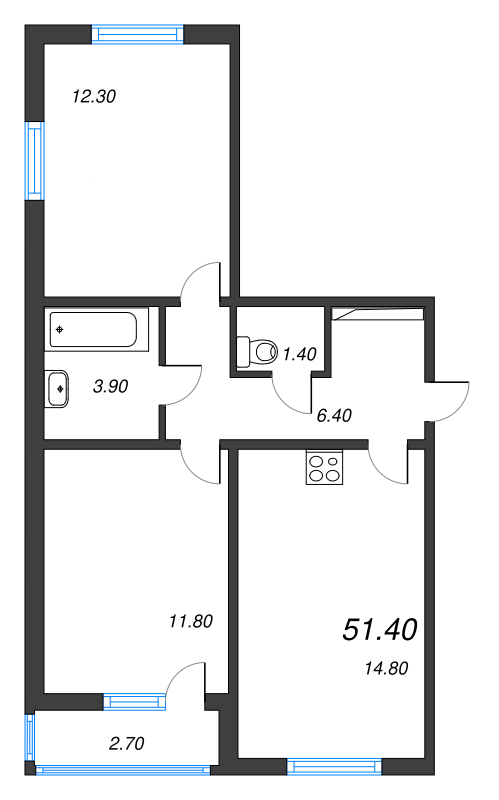 2-комнатная квартира, 51.4 м² - планировка, фото №1