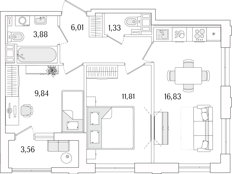 3-комнатная (Евро) квартира, 51.48 м² в ЖК "Гранат" - планировка, фото №1