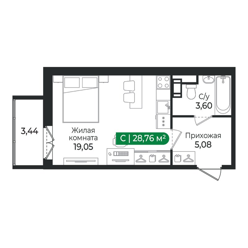 Квартира-студия, 28.76 м² в ЖК "Сертолово Парк" - планировка, фото №1