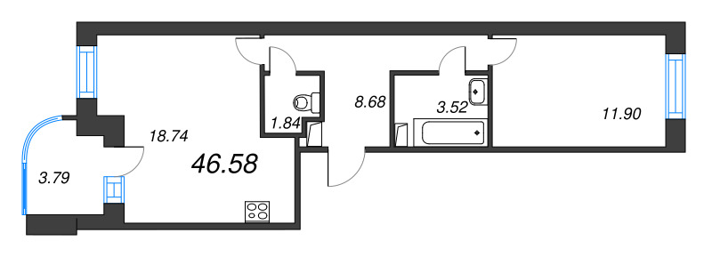 2-комнатная (Евро) квартира, 46.58 м² в ЖК "Энфилд" - планировка, фото №1