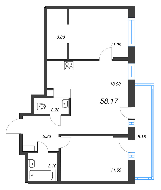3-комнатная (Евро) квартира, 58.17 м² в ЖК "ID Murino III" - планировка, фото №1