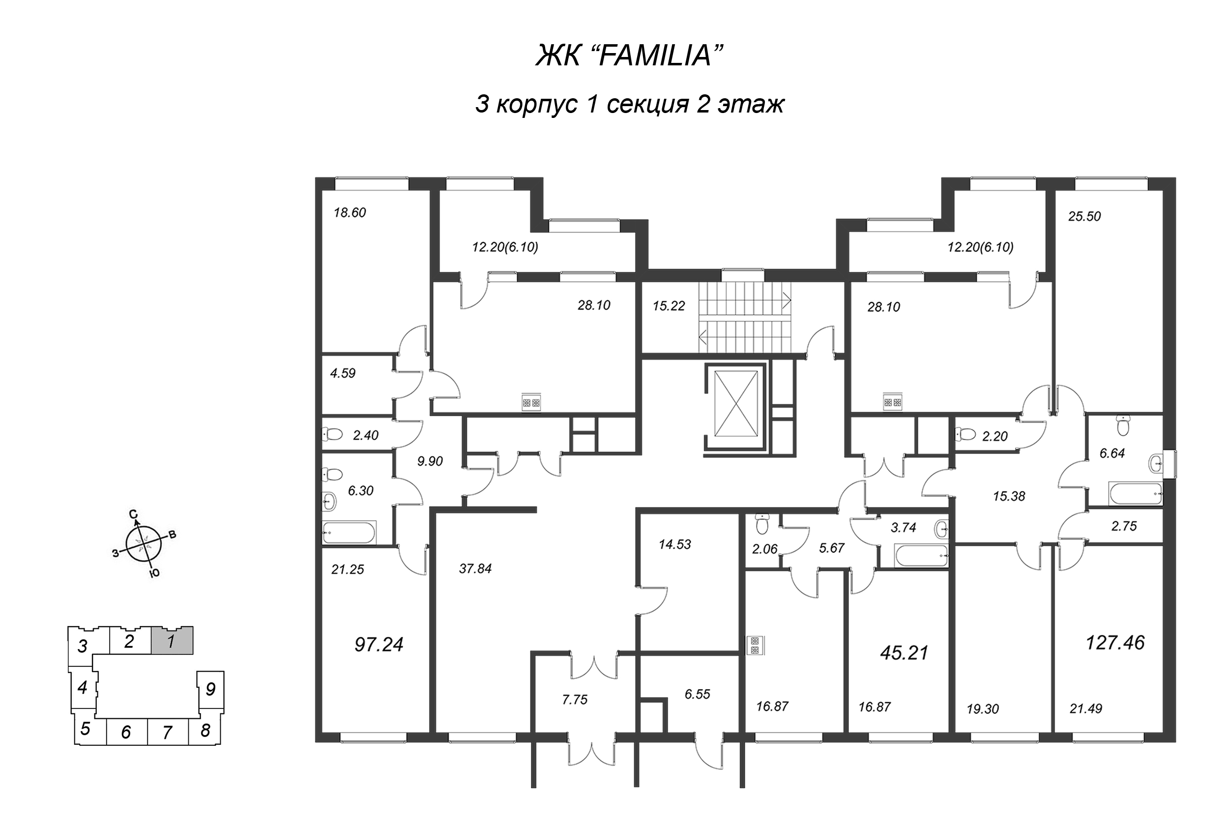 3-комнатная квартира, 127.3 м² в ЖК "FAMILIA" - планировка этажа