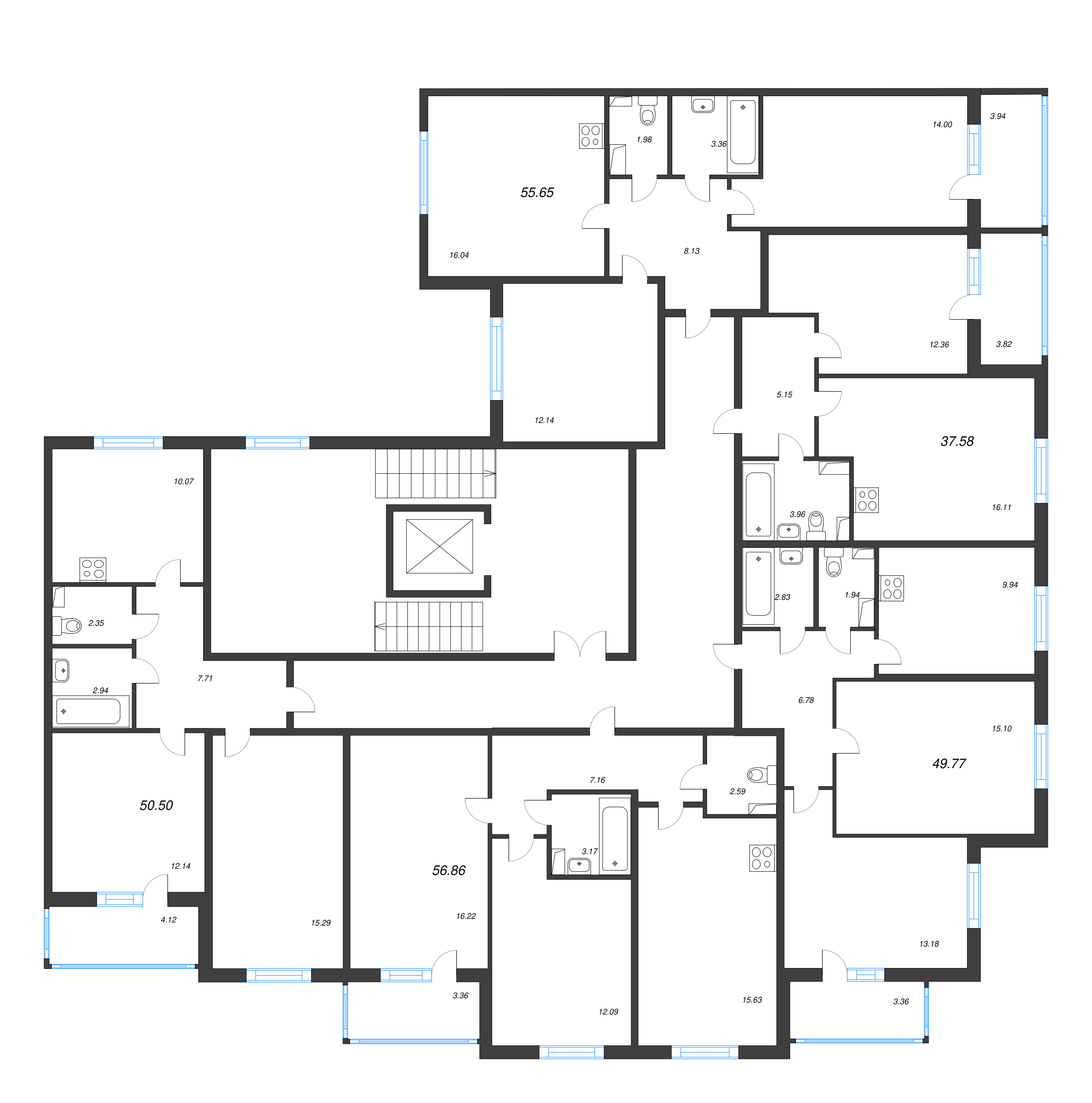 2-комнатная квартира, 56.86 м² - планировка этажа