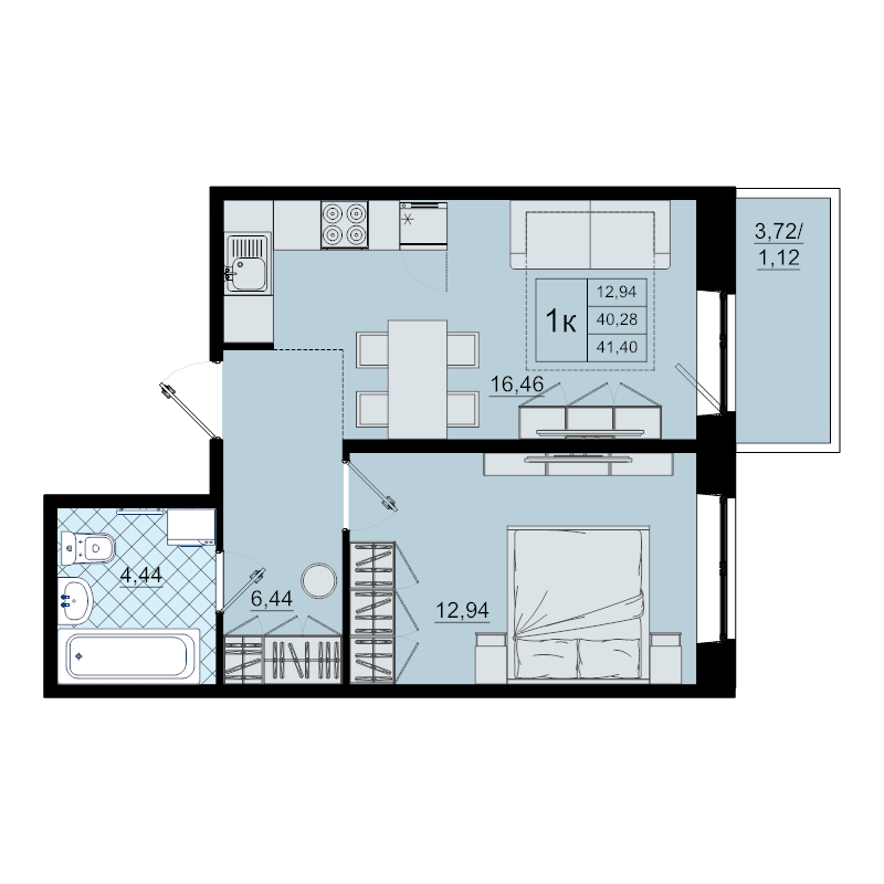 2-комнатная (Евро) квартира, 41.4 м² - планировка, фото №1