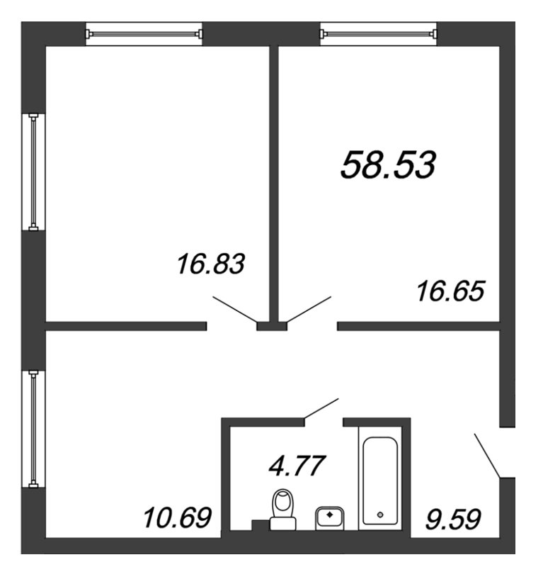 2-комнатная квартира, 58.53 м² - планировка, фото №1