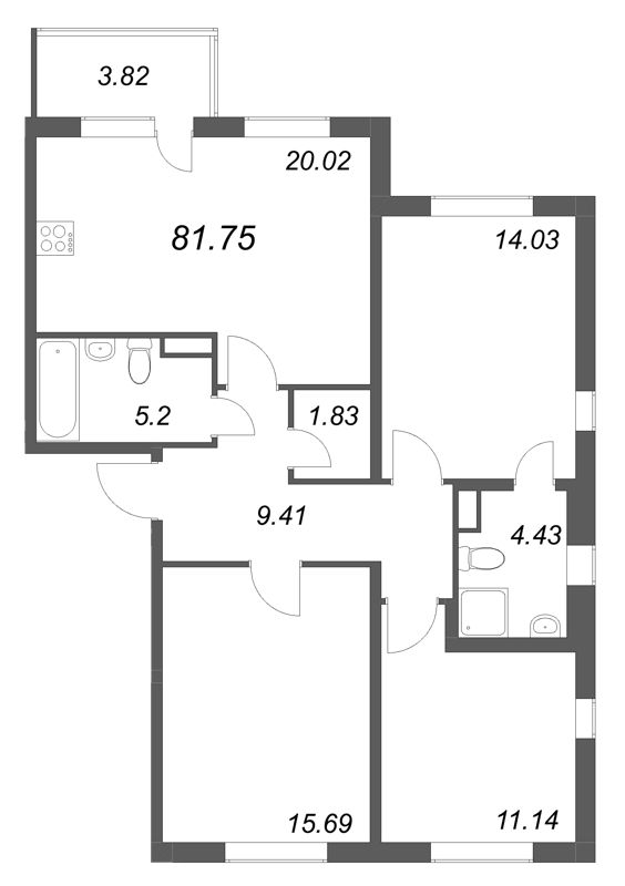 3-комнатная квартира, 81.75 м² в ЖК "ЮгТаун" - планировка, фото №1