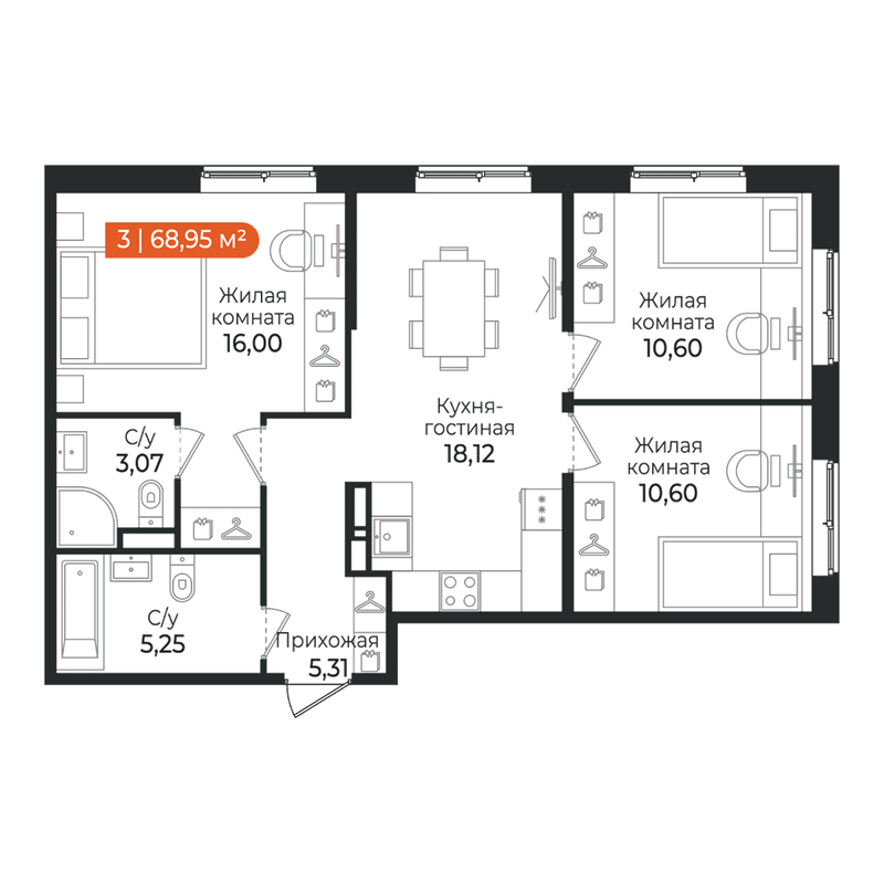 4-комнатная (Евро) квартира, 68.95 м² в ЖК "Алгоритм Квинта" - планировка, фото №1