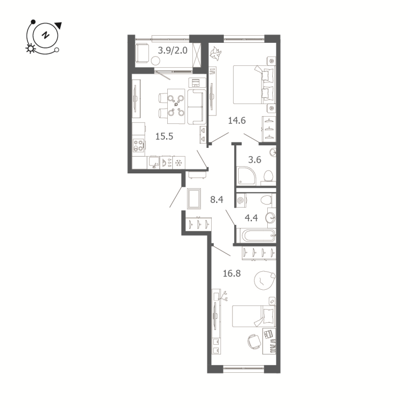 3-комнатная (Евро) квартира, 65.4 м² в ЖК "Пулковский дом" - планировка, фото №1
