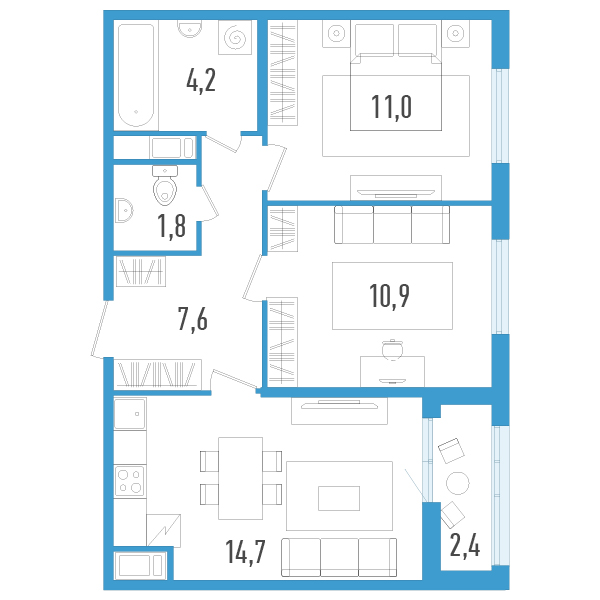 2-комнатная квартира, 51.4 м² в ЖК "AEROCITY" - планировка, фото №1