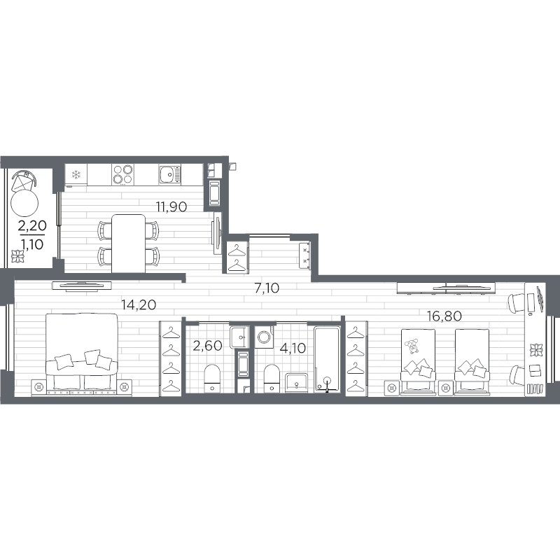 2-комнатная квартира, 57.8 м² в ЖК "PLUS Пулковский" - планировка, фото №1