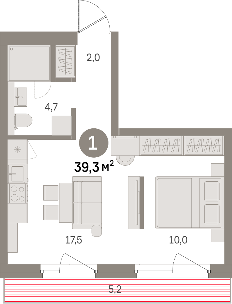 2-комнатная (Евро) квартира, 39.3 м² в ЖК "Северный ветер" - планировка, фото №1